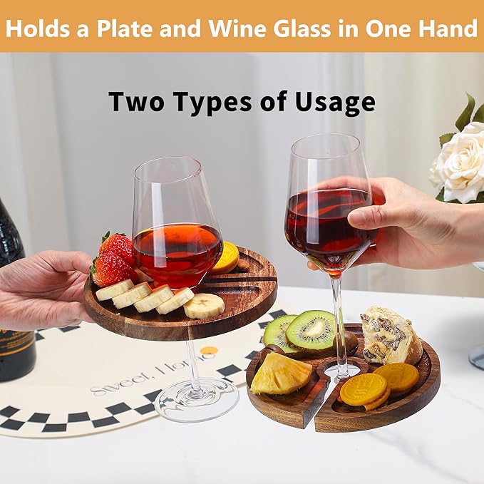Mini Charcuterie Board with Wine Holder, Wine Glass Charcuterie Topper, Wine Gifts Accessories, Cheese Appetizer Plates for Wine Party Bars Restaurants, 7.1'' Set of 4, Acacia Wood