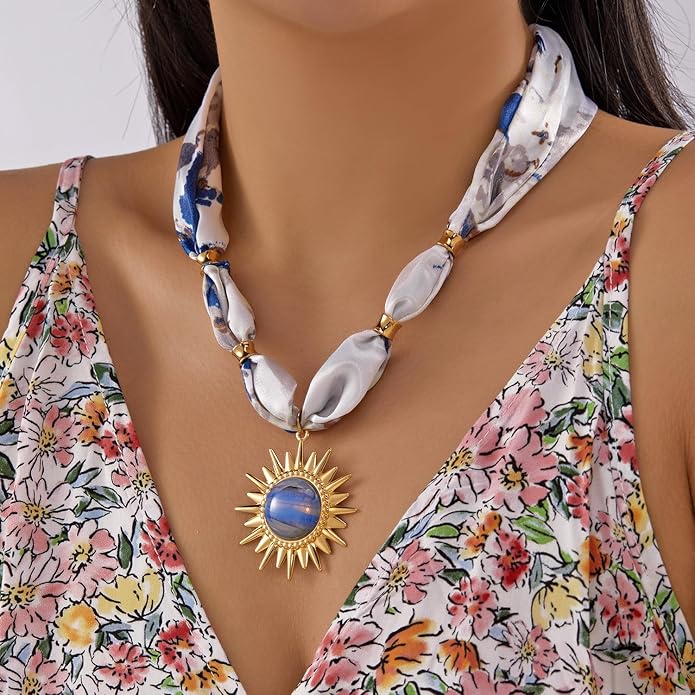 RINHOO FRIENDSHIP Silk Scarf Necklace for Women - Adjustable Boho Vintage Bandana Choker with 18K Non-Tarnish Gold Charms (Assorted Pendants & Patterns) Layered Jewelry Gift Box