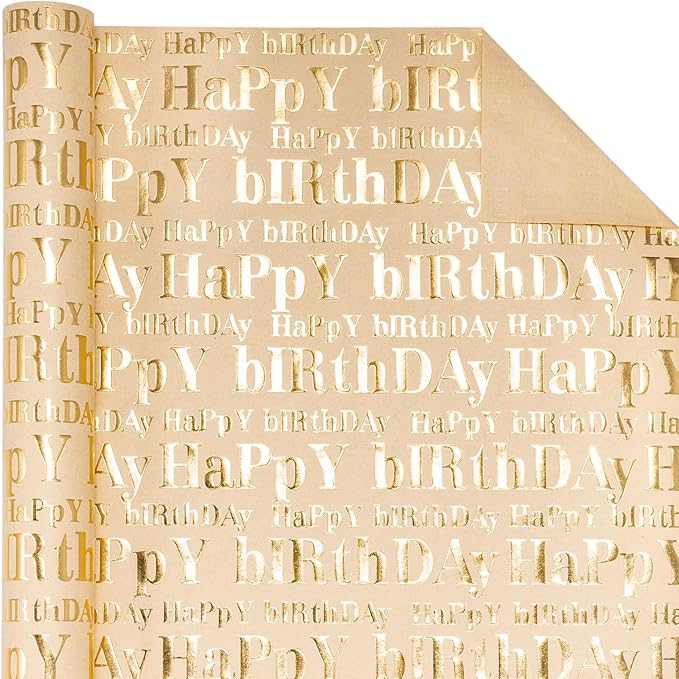 WRAPAHOLIC 3D Kraft Birthday Wrapping Paper Roll - Mini Roll - 17 Inch x 16.5 Feet - Gold and Brown Happy Birthday Lettering Design with Embossed Perfect for Holiday, Party Celebration