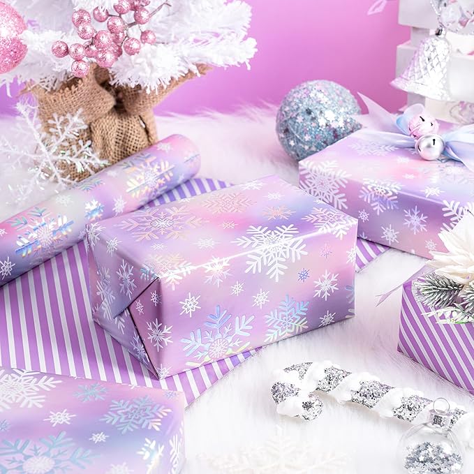 RUSPEPA Christmas Reversible Wrapping Paper Roll for Girls, Mini Roll, Colorful Foil Pastel Snowflake Design and Purple Stripes Dreamy Gift Wrap for Christmas Gifts, Holiday, 17 Inches x 32.8 Feet