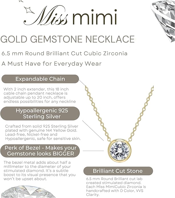 MISS MIMI Solitaire Cubic Zirconia Necklace for Women, 1–3 CT Round,Heart,Princess Cut CZ Options, Bezel or Prong Set in 925 Sterling Silver, Adjustable 16–20" Minimalist Everyday Jewelry