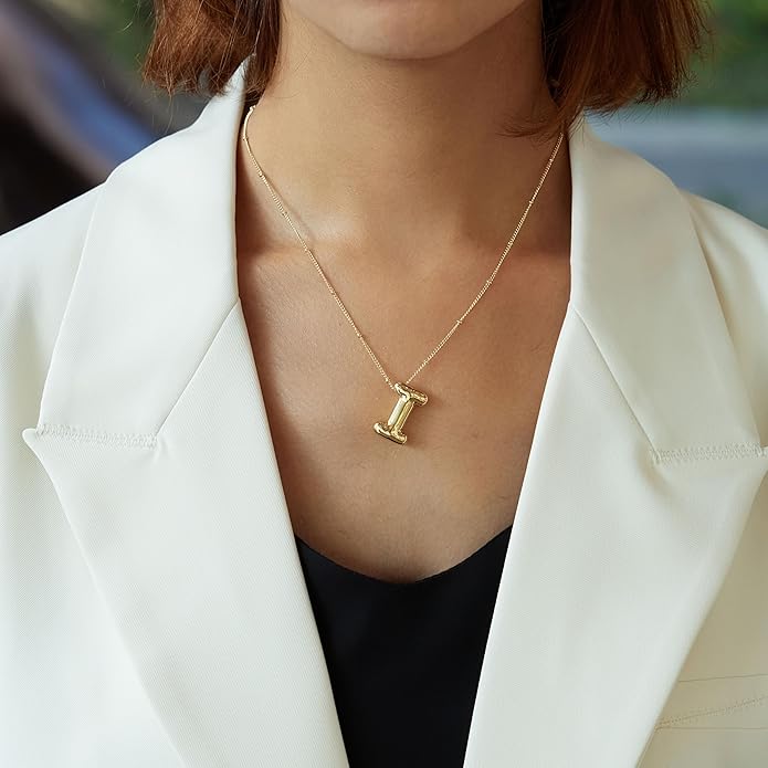 Inerney Valentines Day Gifts Gold Bubble Letter Necklace Initial Necklaces for Women, Chunky 14K Plated Balloon Initials, Trendy Charm Non Tarnish Custom Name Pendant Jewelry Gifts for Mom