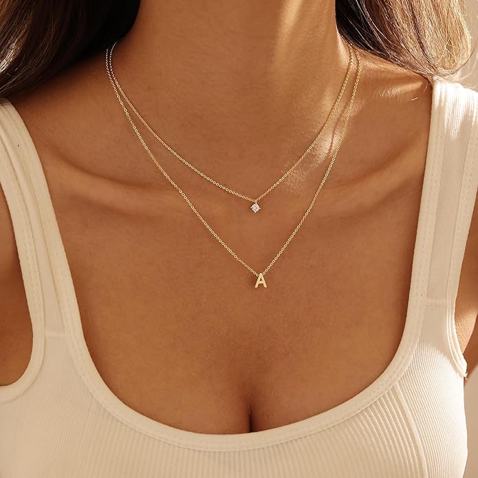 Layered Initial Necklaces for Women, 14k Gold Plated Letter Necklace Set Dainty Gold Initial Necklace Stack Cute Layering Choker Necklaces for Women Trendy Fashion Jewelry