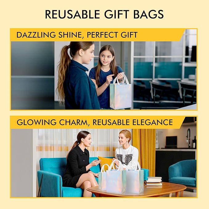 RACETOP 15 Pcs Iridescent Glossy Gift Bags Medium Size, 8x4x10 Inch Holographic Reusable Gift Bags with Handles & Sturdy Base, Ideal for Birthday, Wedding, Bachelorette, Party Favors, Holiday Goodie