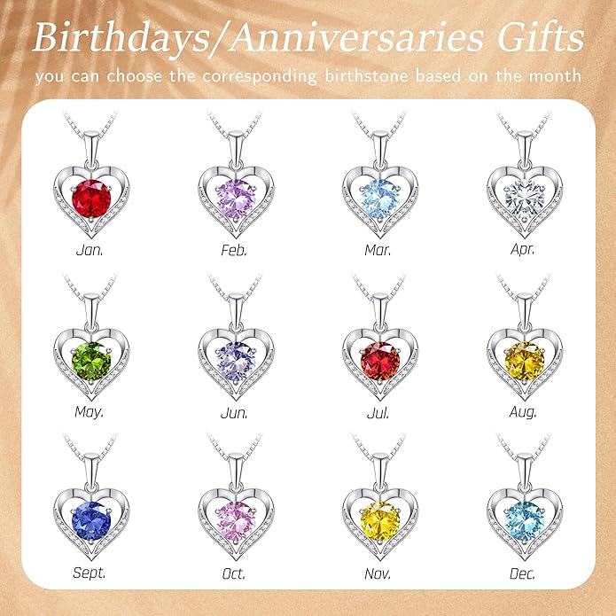 Heart Moissanite Birthstone Necklaces Anniversary/Birthday/Best Friend/Girlfriend/Wife Gifts for Her 925 Sterling Silver Pendant Necklace for Women