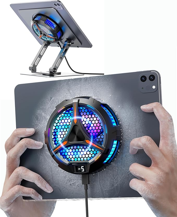 iPad Cooler,Magnetic Tablet Cooler for ipad/Surface pro/Samsung Tab,Universal Radiator with Temperature Display for Mobile Gaming,Tiktok Live Streaming(Including Tablet Stand Holder)
