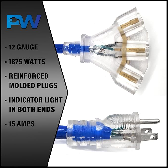 10 ft - 12 Gauge Heavy Duty Extension Cord - Lighted on Both Ends - SJTW Blue - Outdoor Extension_Cord Waterproof 10 ft by Premier Wire - 15 Amp ExtensionCord (10 Foot 12-Awg Power Cord Blue)