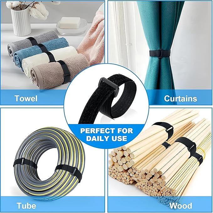 64ft 1.5 Inch Wide Cable Straps, Jumpso Adjustable Fastening Hook and Loop Straps with 50 Buckles, Reusable Nylon Cut-to-Length Cinch Straps for Organizer or Storage, Black