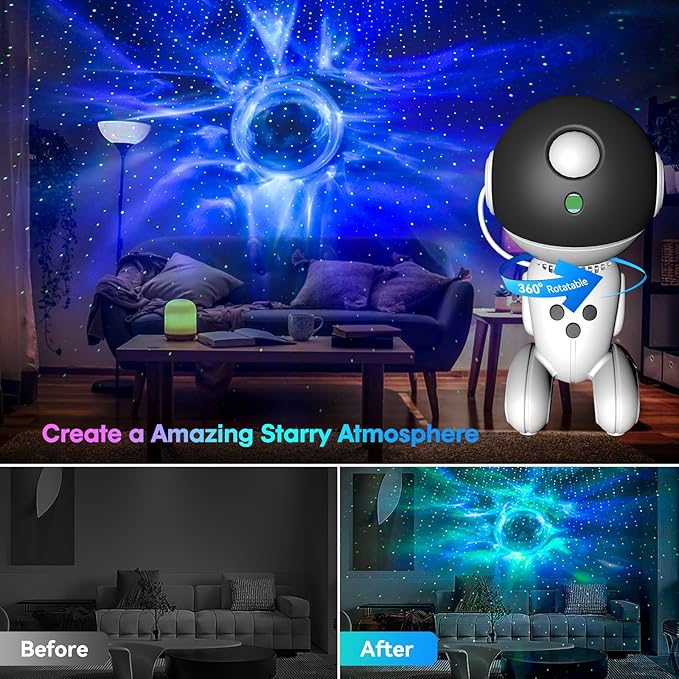 Astronaut Robot Star Galaxy Projector, Night Light with White Noise, Music Speaker, Timer, App Control Starry Nebula Ceiling Projector for Adult Kid's Bedroom Decor Birthday Gift