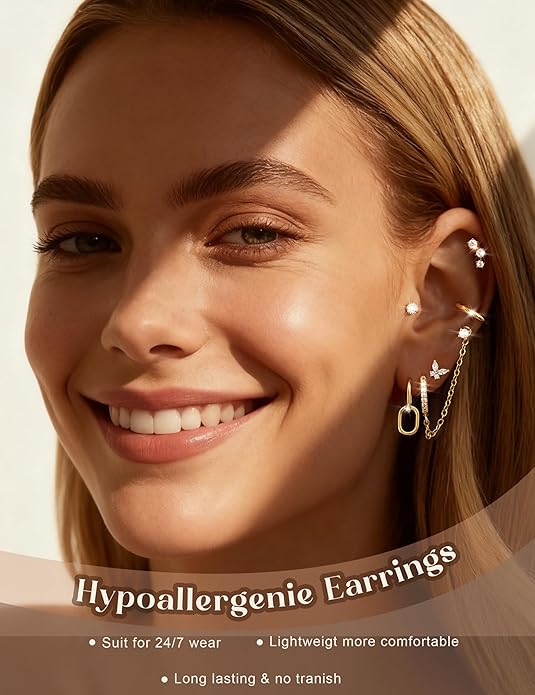 HAIAISO Small 14K Gold Plated Huggie Hoop Earrings for Women Lightweight Double Piercing Chain Earrings Dainty Stud Earrings Hypoallergenic 14K Gold Plated Hoop Earrings Set