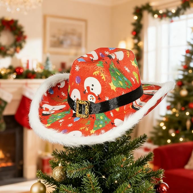 Christmas Cowgirl Santa Hat Wide Brim Felt with Feather and Belt Buckle Cowboy Fedora Hat Featuring Christmas Tree Snowman Reindeer Snowflake Multicolor