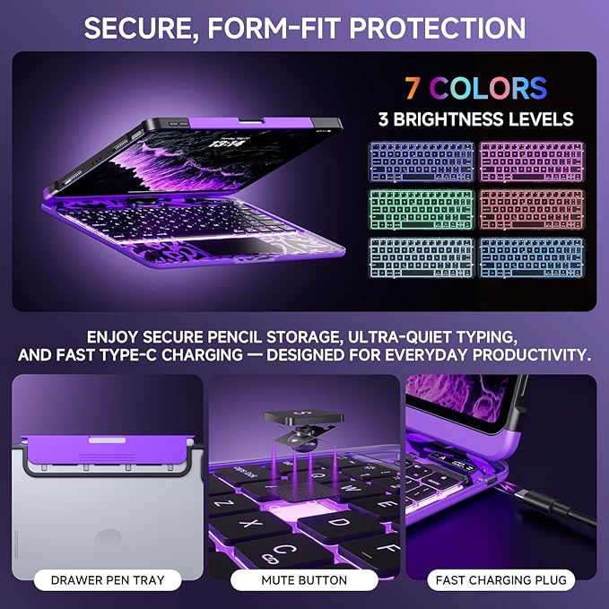 Transparent Case with Keyboard for 2024 iPad Pro 11-inch (M4),with 7-Color Backlit Wireless Keyboard, 360°Rotatable Protective Case Multi-Touch Trackpad,with Pencil Holder,with Shortcuts,Purple