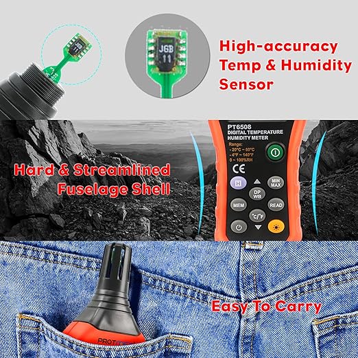 Protmex Digital Temperature Humidity Meter, Thermometer Hygrometer with Ambient Dew Point and Wet Bulb Temperature Indoor and Outdoor, Data Logger with Min/Max Hold, LCD Backlight, PT6508