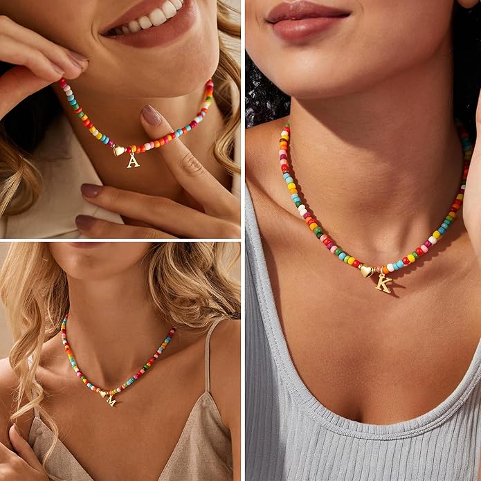 M MOOHAM Valentines Gifts for Kids Teen Girls- Colorful Beaded Initial Necklace for Women 14K Gold Plated Heart Initial Choker Necklaces for Women Girls Jewelry, Letter A-Z Pendant Birthday Gifts