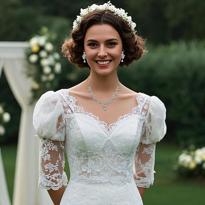 BriLove Women's Wedding Jewelery Set Leaf Flower Crystal Teardrop Marquise Cluster Pendant Necklace Dangle Earrings for Bridal Party