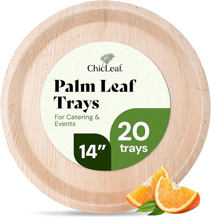 Chic Leaf All Natural Compostable & Disposable Rectangular 14" Round Palm Leaf Tray for Parties, Charcuterie Board, Catering & Weddings - Palm Leaf Platter Party Plates, Thanksgiving Dinner (20 pc)