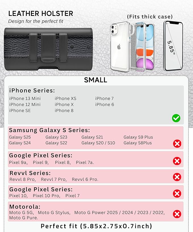 Leather Phone Holster for Men & Women, Horizontal Cell Phone Case, Fits iPhone 13/12 Mini, SE, Xs/X, 8, 6s - Belt Clip/Loop Carrying Phone Pouch Holder, Black Small