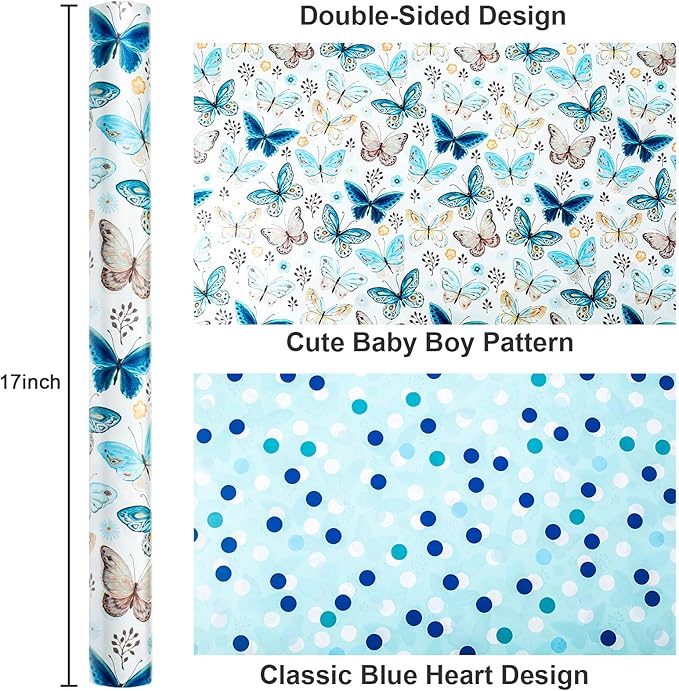 MAYPLUSS Butterfly Wrapping Paper, Vintage Watercolor Butterfly Fairy Gift Wrapping Paper for Women Girls Pearl Birthday Wrap in Blues Reversible Polka Dot for Baby Shower, Wedding (17Inch X 33Feet)
