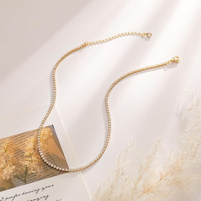 Tennis Necklace for Women, 14K Gold/Silver Plated Rhinestone Choker Necklace for Women, Dainty Cubic Zirconia Cut Faux Diamond Chain