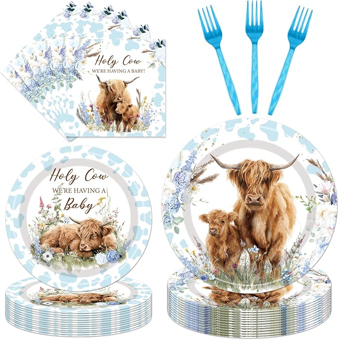 96Pcs Highland Cow Baby Shower Decorations Disposable Tableware Set - Holy Cow Highland Paper Plates Napkins Forks Blue Boho Highland Theme Baby Shower Birthday Party Supplies Serve 24 Guests