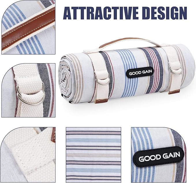 G GOOD GAIN Waterproof Picnic Blanket Portable with Carry Strap for Beach Mat or Family Outdoor Camping Party（Oyster）