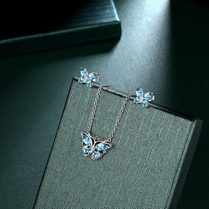 925 Sterling Silver Birthstone Butterfly Jewelry Women Crystal Animal Cute Butterflies Birthday Necklace/Earring/Ring/Bracelet Sets Birth Stone Statement Anniversary Jewellery