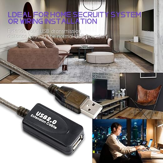 65 FT USB Extension Cable, USB 2.0 Type A Male to A Female Active Repeater Extension Cable 65 ft, High Speed 480 Mbps