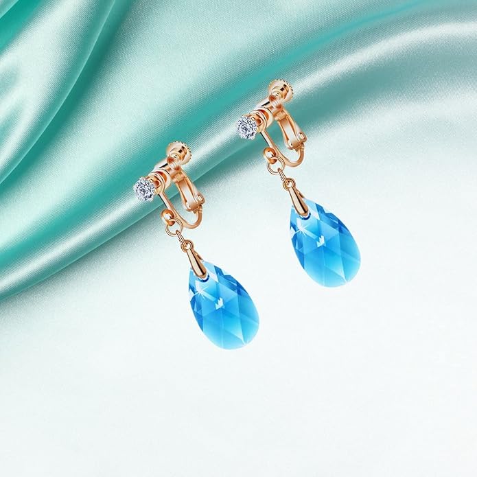 Teardrop Austrian Crystal Drop Clip On Dangle Earrings for Women Non Pierced 14K Rose Gold Plated Hypoallergenic Jewelry