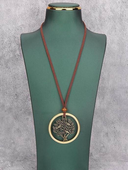 Boho Leather Necklace Women Bohemian Brown Circle Pendant Necklace Choker Long Necklaces for Women Boho Ring Large Pendant