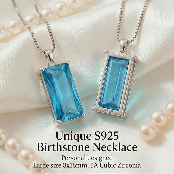 Minimalist Square 8mm×16mm Birthstone Sterling Silver Necklace - Hypoallergenic, Lightweight, Gift for Her
