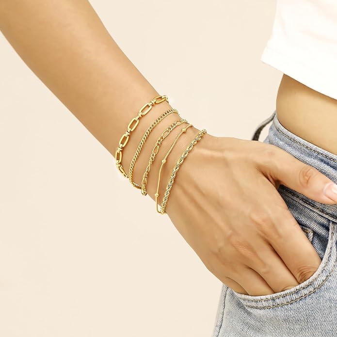 wgoud Dainty Gold Chain Bracelets, 14K Real Gold Plated Link Bracelets for Women, Trendy Stackable Bracelet Set, Waterproof Adjustable