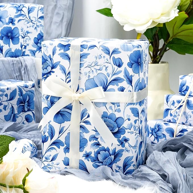 MAYPLUSS Blue Floral Wrapping Paper Roll - 17 Inch x 33 Feet, Blue White Flower Design Gift Wrap for Mother’s Day, Wedding, Bridal Shower, Birthday
