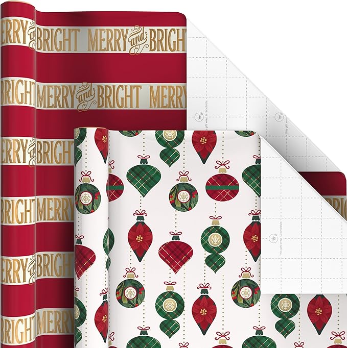 Hallmark Christmas Wrapping Paper Rolls with Cutlines on Reverse (6 Rolls: 150 Sq. Ft. Total) Santa Claus, Nutcrackers, Plaid, Snowflakes, Ornaments