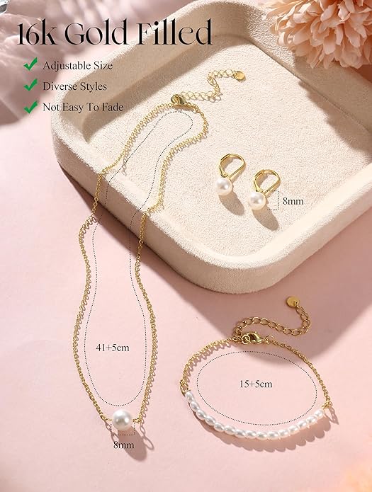 YADOCA Gold Jewelry Set for Women - 16K Gold Plated Pearl Necklace and Earring Set With Drop Earrings,Charm Layered Necklace,Adjustable Bracelets - Dainty Women's Pearl Jewelry Set For Wedding Gifts