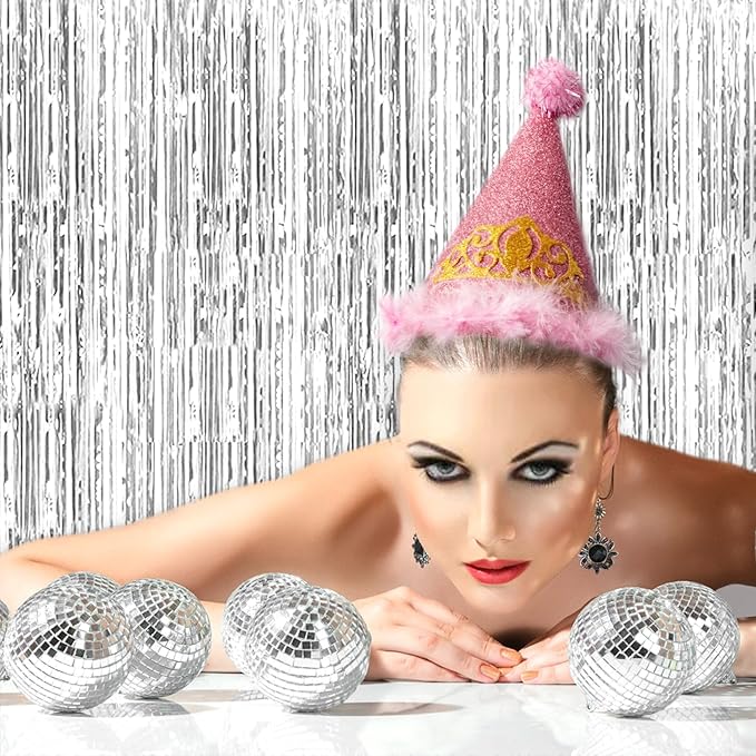 26 Pack Disco Ball Decorations Set - 24 Mirror Mini Glass Hanging Disco Balls (3 Sizes) & 2 Silver Foil Curtains for Party Wedding Dance DJ Stage Music Festival Christmas Birthday Club Decor