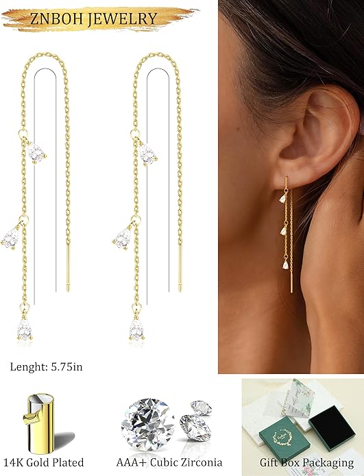 Gold Silver Dangle Earrings for Women Trendy 14K Gold Plated Drop Long Threader Chain Dangling Earring Hypoallergenic Pearl Butterfly Flower Clover CZ Wedding Earrings for Brides Jewelry Gifts