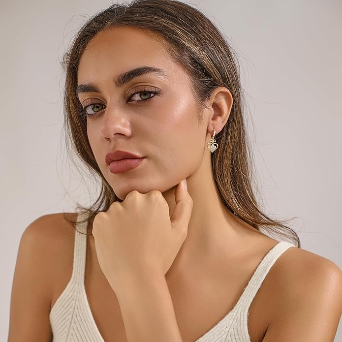 14K Gold Hoop Earrings for Women, 8mm Inner Diameter Huggie Hoops with Heart & Bow CZ Drop, Cubic Zirconia Elegant Dangle Earring, Hypoallergenic Dainty Jewelry, Aretes De Oro Para Mujer 14k