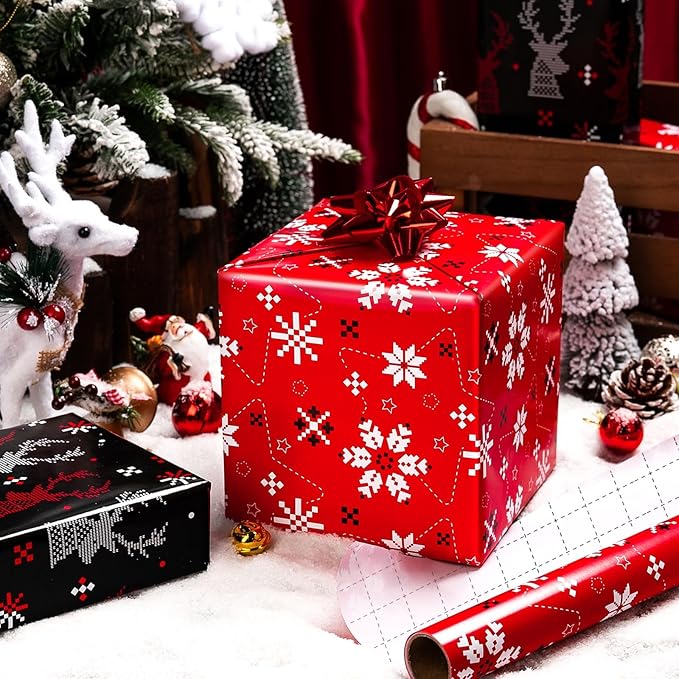 MAYPLUSS Christmas Wrapping Paper Jumbo Rolls - 30IN X 120IN - 4 Roll - Merry Christmas Reindeer Snowflake Plaid for New Year Holiday Party Kids