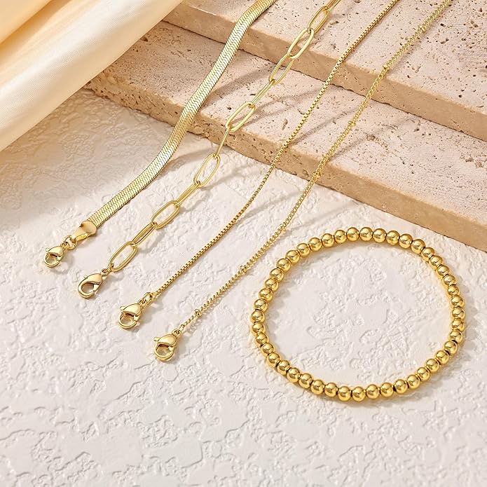 DEARMAY 14K Gold Plated Bracelets for Women, Jewelry Sets Cute Tennis Beaded Bracelets Cuban Link Paperclip Chain Dainty Bracelet Pack Gifts