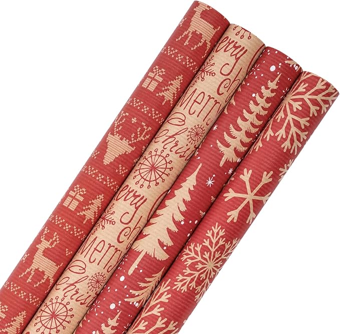 RUSPEPA Christmas Kraft Wrapping Paper Roll - Red Reindeer, Snowflake, Christmas Tree and Text Design - 17 inches x 10 feet per Roll, Total of 4 Rolls