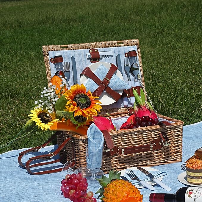 Picnic Baskets Wicker Willow Picnic Set for 4 Persons with Insulated Cooler Bag and Waterproof Picnic Blanket