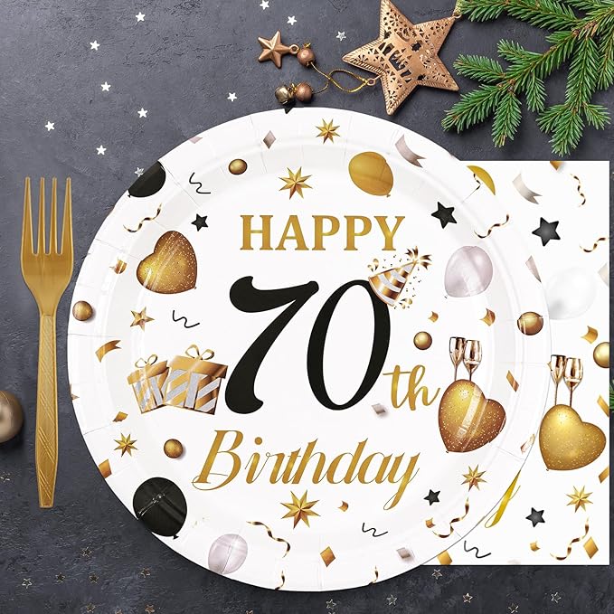 75PCS 70th Birthday Plates and Napkins Party Decorations, 7 Inch White and Gold Happy Birthday Paper Plates and Napkins Disposable Tableware Set 70 Year Old Birthday's Party Decor for Women Men