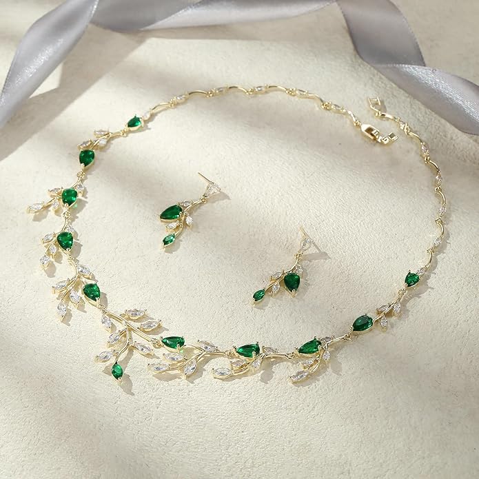 EVER FAITH Wedding Jewelry for Bride Women Bridesmaid, Sparkly Cubic Zirconia Pear-Shaped Birthstone Leaf Necklace Earrings Set for Prom