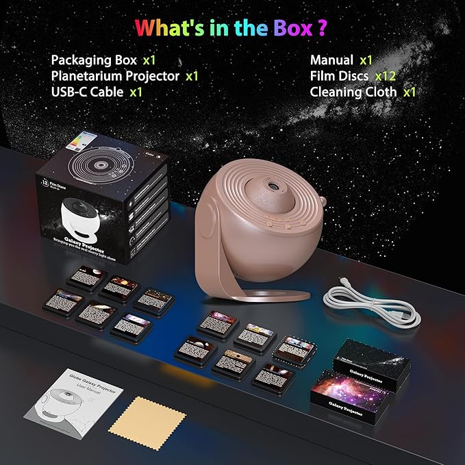 Galaxy Projector for Bedroom, HD Image Star Projector Galaxy Light Adjustable Knob, 13 Film Discs Planetarium Projector for Kids, 360° Rotating 1/2h Timer Simple 3-Button Control