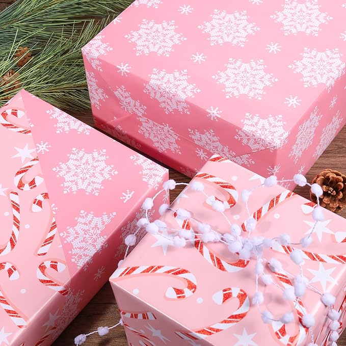 LaRibbons Reversible Christmas Wrapping Paper Roll, Pink Snowflake & Candy Cane Design for Christmas, Party, Holiday, Celebration, 17 Inch X 33 Feet