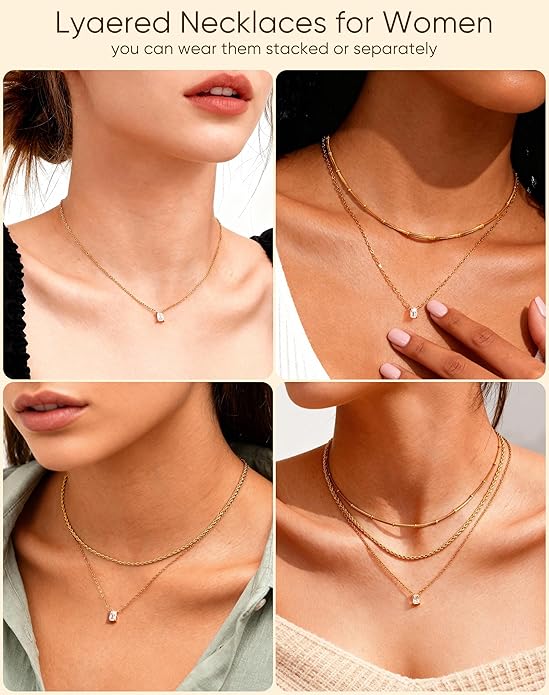 KSF Layered Gold Necklaces for Women - 18K Gold Plated 3PCS Dainty Simple Stackable Choker Necklace, Cubic Zirconia Pendant Necklace Trendy Jewelry Gift Set for Women
