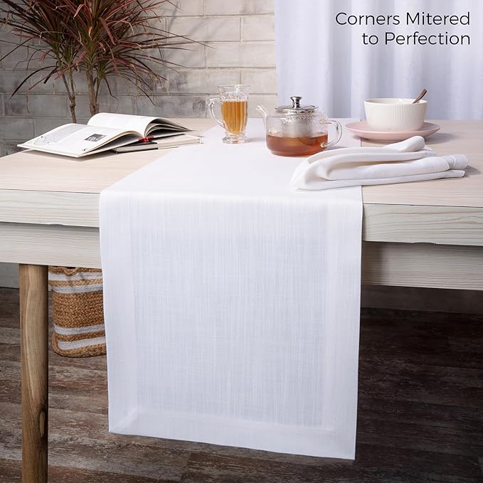 D'Moksha Homes Chambray Cream and White Table Runner 14 x 72 Inch - Faux Linen Table Runner 72 Inches Long - Wrinkle Resistant, Machine Washable for Thanksgiving, Christmas - 100% Recycled Fabric