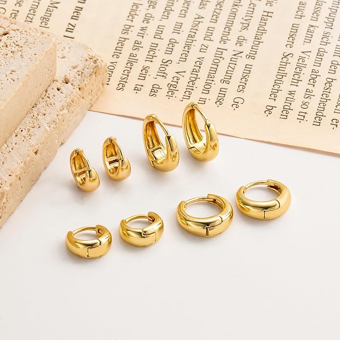 Foxgirl 4 Pairs Small Chunky Huggie Hoop Earrings for Women - Dainty 14K Gold Plated Hypoallergenic Lightweight Stack Earring Sets for Multiple Piercing Trendy Jewelry