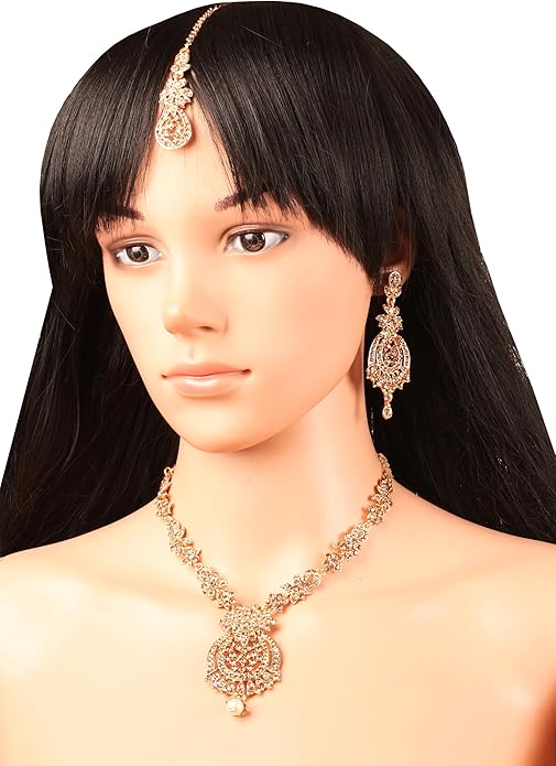 Touchstone Indian jewelry sets for women maang tikka wedding guest gold necklace bollywood jewellery set pageant elegant prom bride accessories western crystal chunky rhinestone necklaces