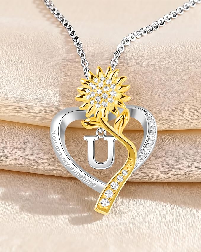 Birthday Gifts for Women Preserved Real Rose with Sunflower Initial Necklace - Birthday Gifts for Women Her Mom Wife on Valentines Mothers Day Christmas Anniversary Romantic with Pendant U